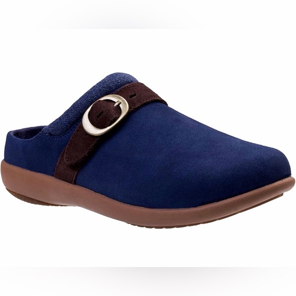 Spenco Shoes - Navy Blue Suede Mules with Brown Strap